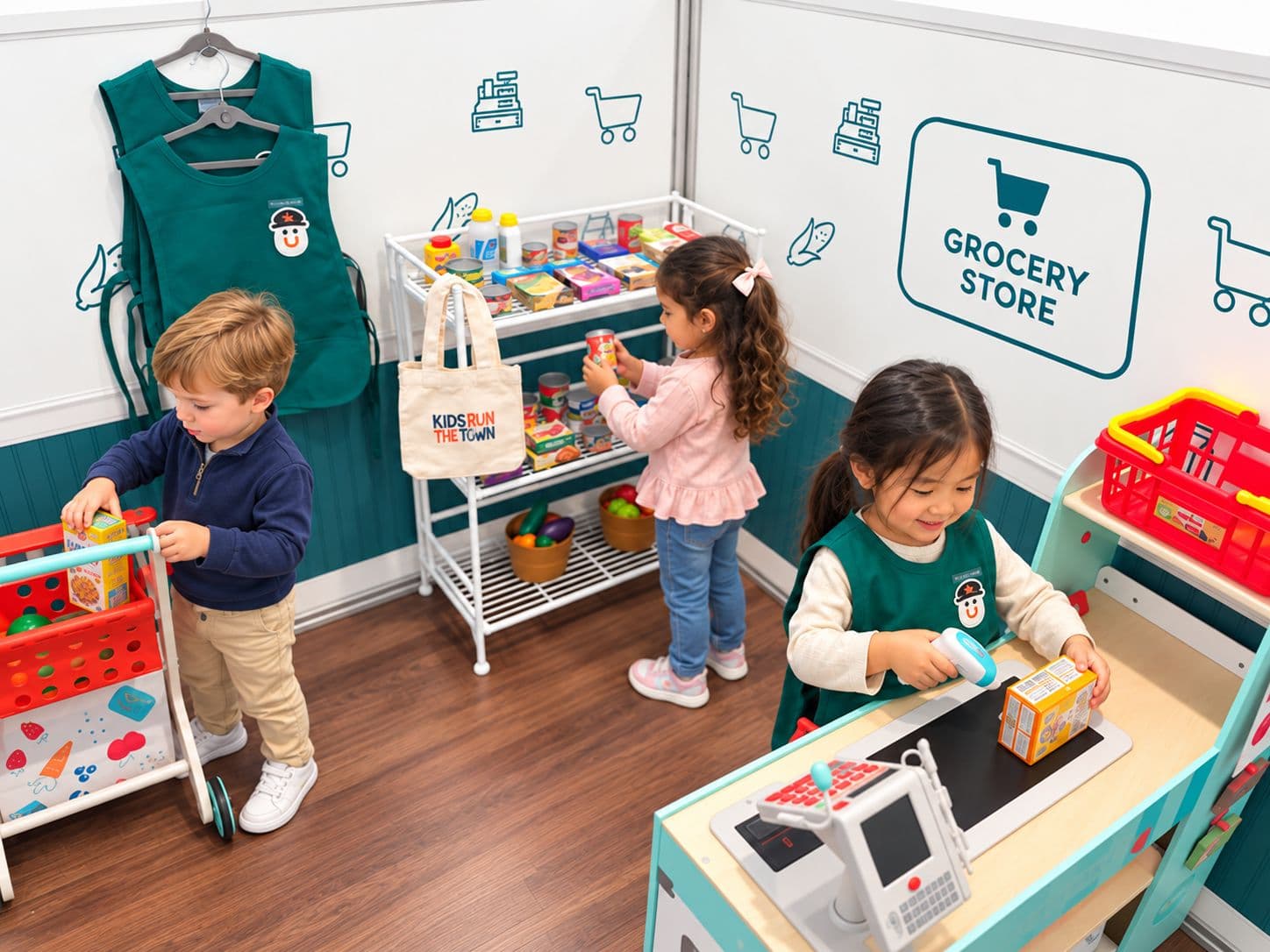 Children shopping, stocking shelves, and scanning groceries in the Grocery Store station